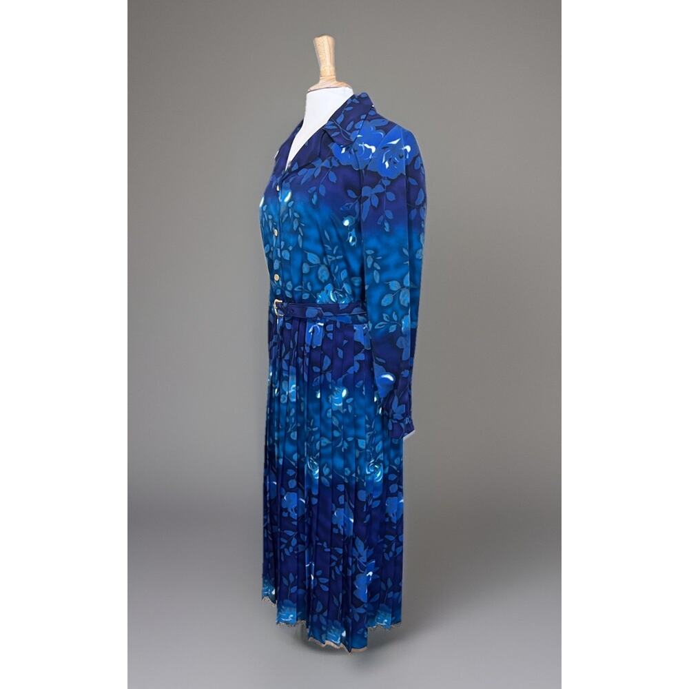 Vintage VICTORIA MORGAN Blue Purple Watercolor Pleated Belted Midi Dress sz 10 - Picture 2 of 7